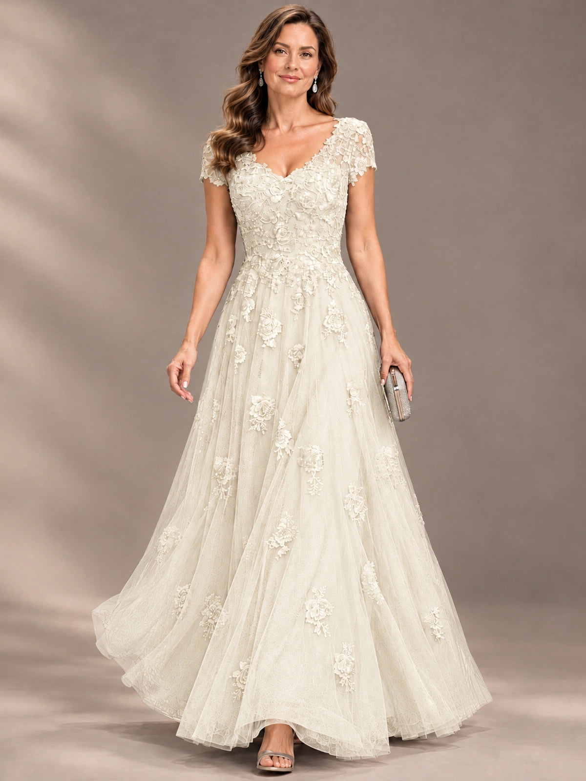 Lace Appliques A-line Mother of The Bride Dresses with Short Sleeves