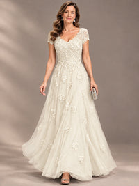 Lace Appliques A-line Mother of The Bride Dresses with Short Sleeves