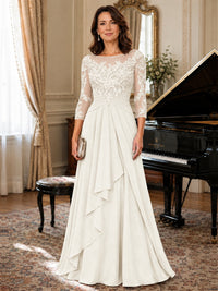 A-Line Chiffon Mother of the Bride Dress with Floral Applique 3/4 Sleeves