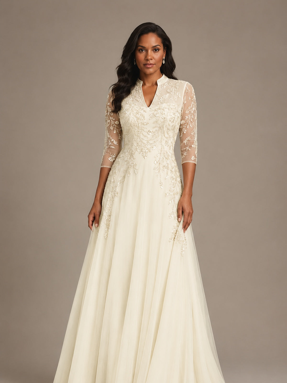 Embellished Appliques Mother of the Bride Dress with 3/4 Sleeves