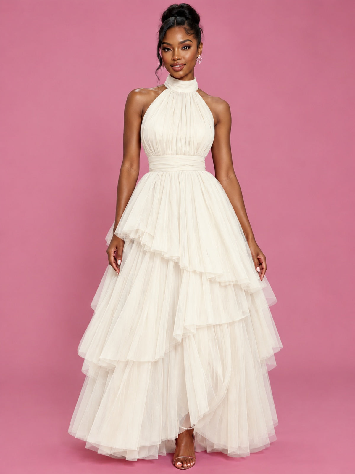 Hot Pink Tulle Halter Neck Tiered Ruffle Maxi Dress
