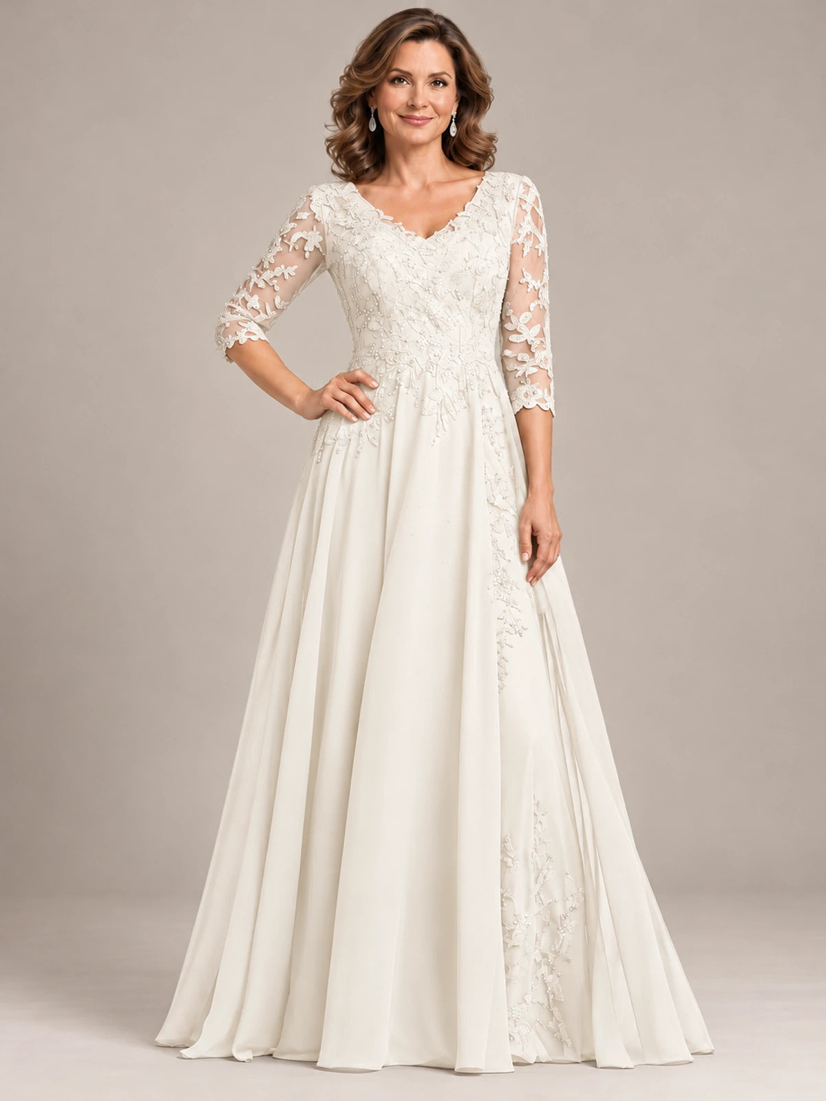 Sequin Lace A-Line Mother of the Bride Dress with 3/4 Sleeves