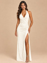 Ivory-Blush Pink Halter V-Neck Sequin Mermaid Prom Dress with High Slit Jovellee