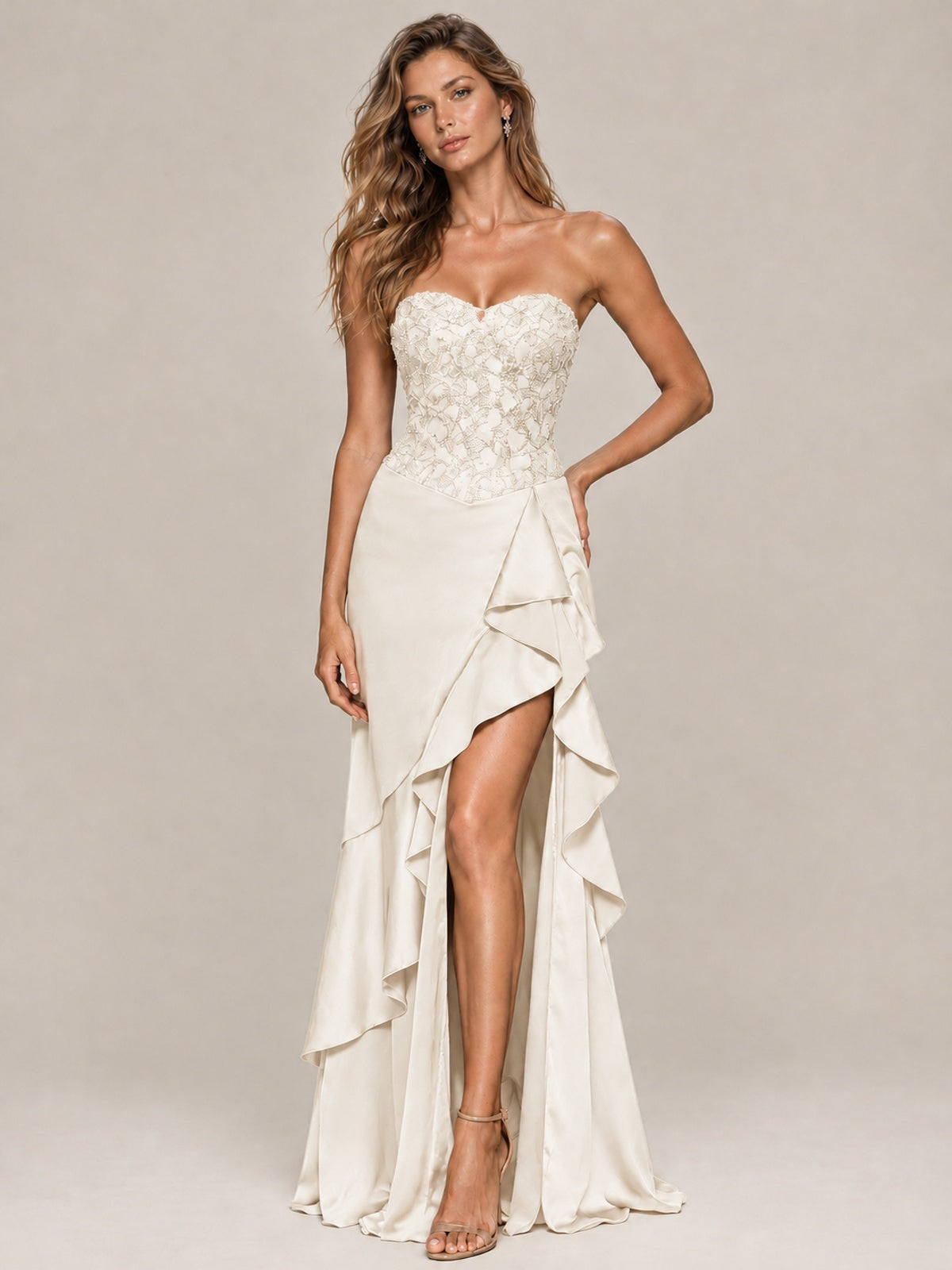 Strapless Lace Appliques Corset Satin Prom Dress Ruffle Slit Evening Gown