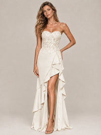 Strapless Lace Appliques Corset Satin Prom Dress Ruffle Slit Evening Gown