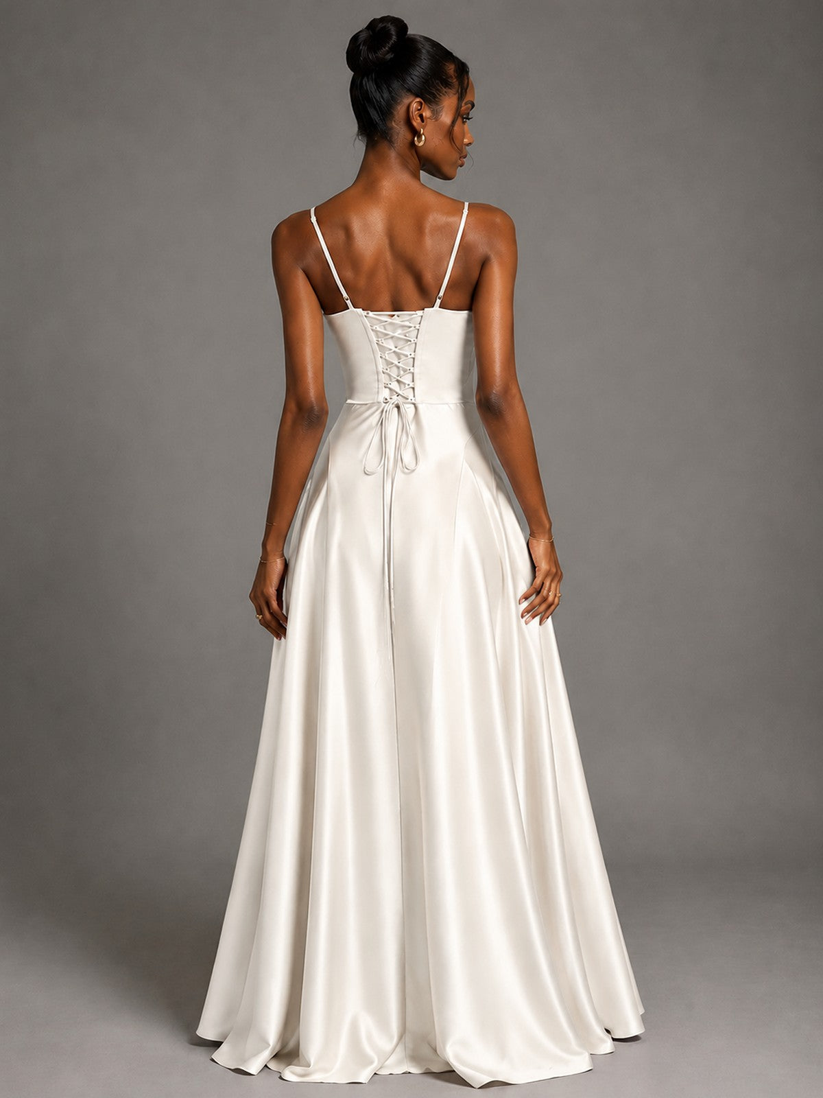 Lavender V Neck Satin Prom Dress with Spaghetti Straps