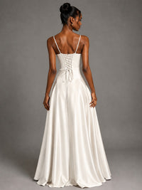 Lavender V Neck Satin Prom Dress with Spaghetti Straps