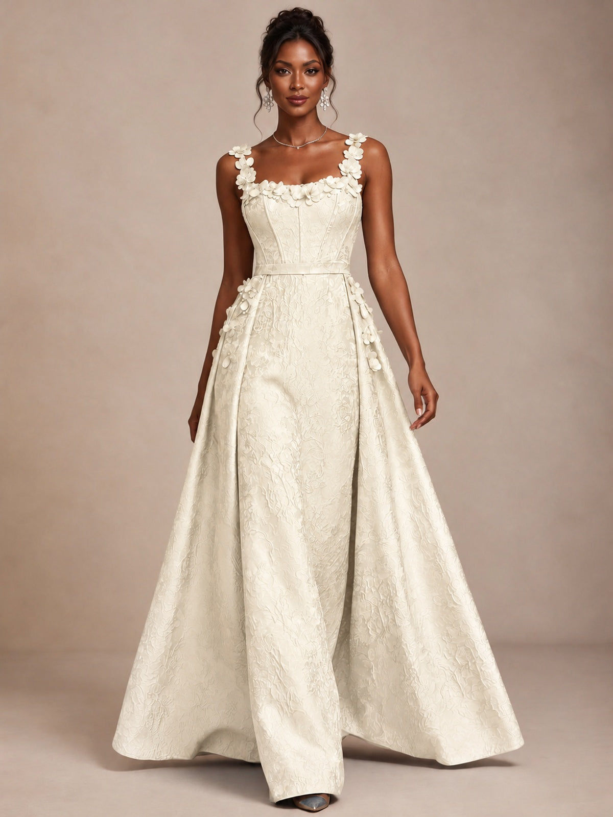Light Blue 3D Floral Jacquard Prom Dress with Detachable Overskirt Corset Gown
