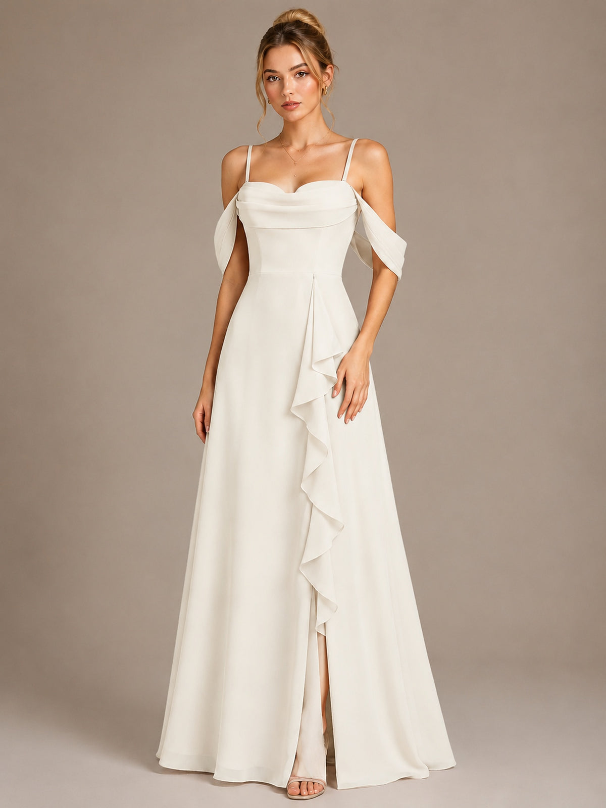 Spaghetti Strap Chiffon Bridesmaid Dress with Ruffles Slit