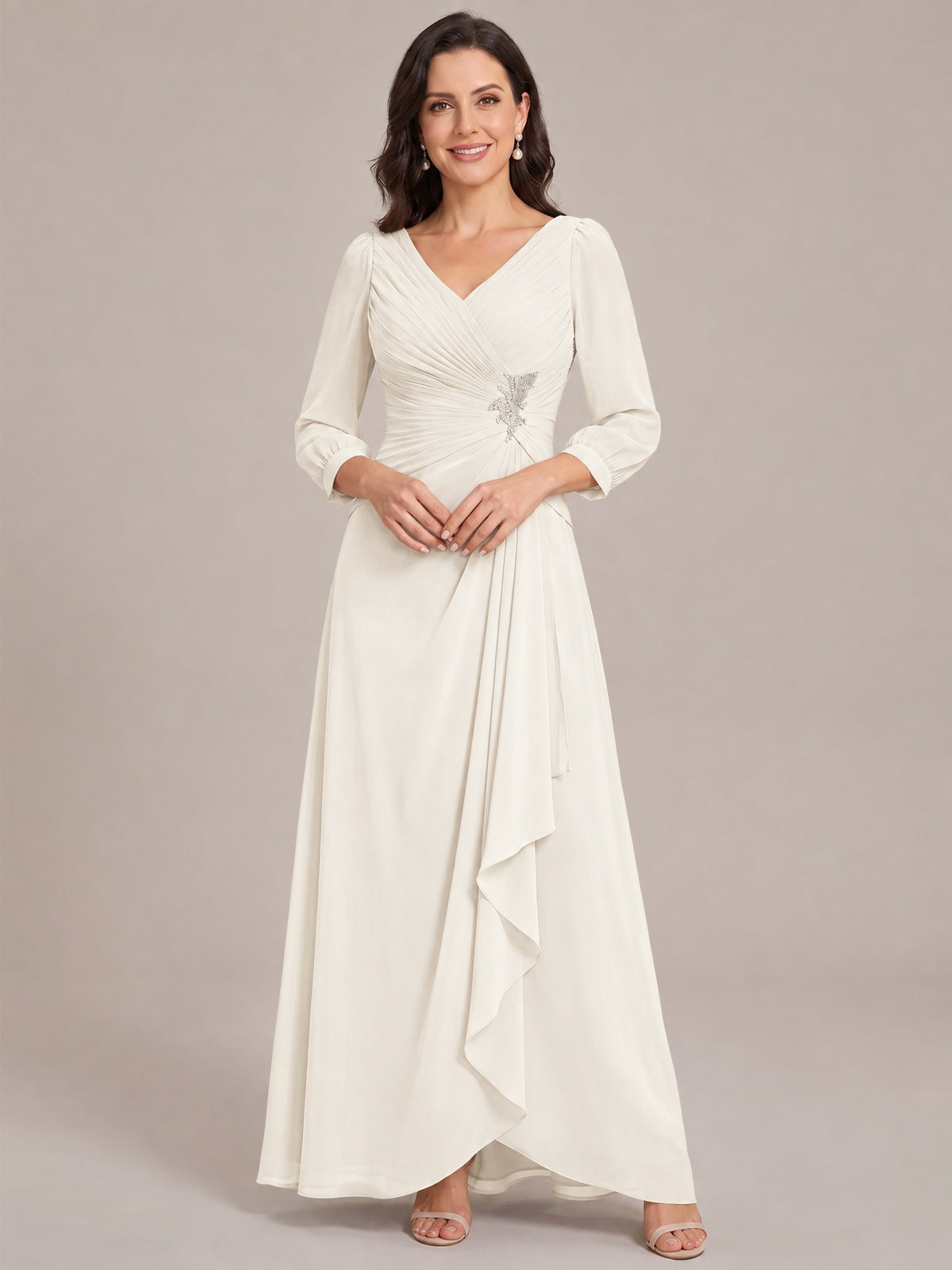 Ivory-Long Sleeve Chiffon Beaded Mother of The Bride Dresses for Women