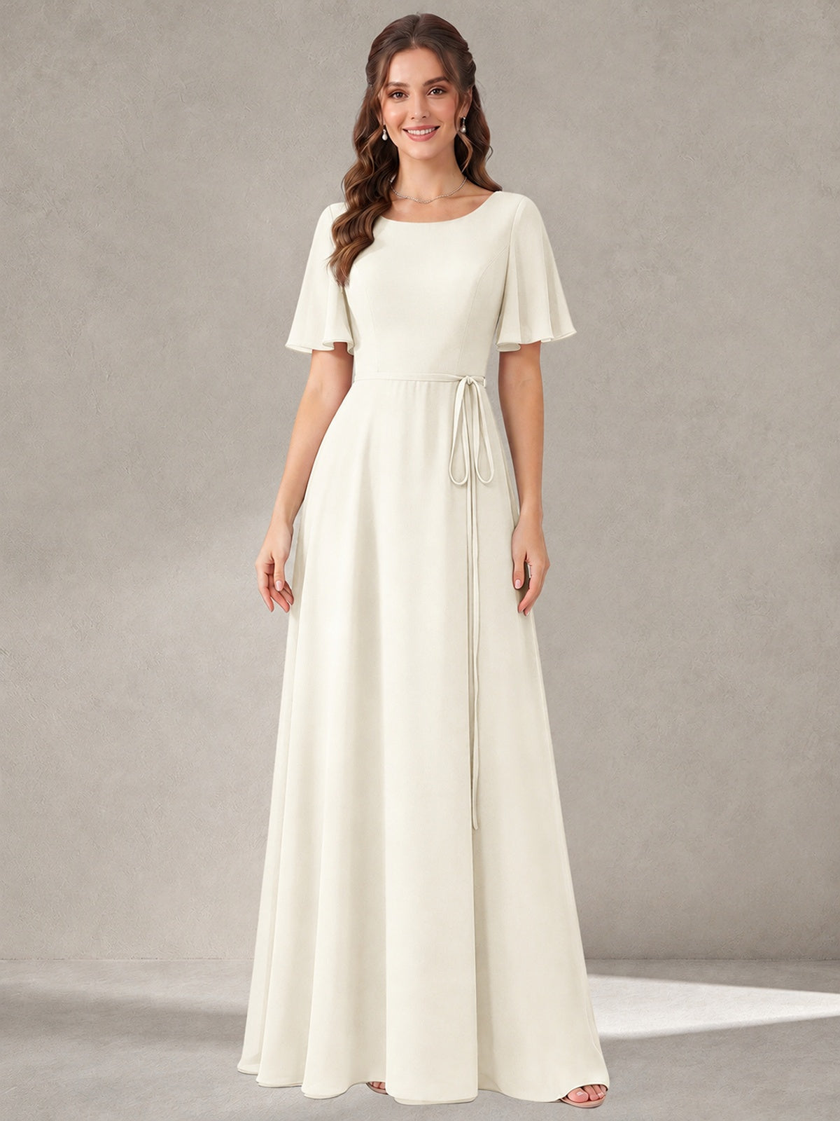Ivory Scoop Neck A-line Chiffon Bridesmaid Dress with Belt Flutter Sleeve Formal Wedding Guest Dress Evening Gown