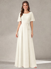 Ivory Scoop Neck A-line Chiffon Bridesmaid Dress with Belt Flutter Sleeve Formal Wedding Guest Dress Evening Gown