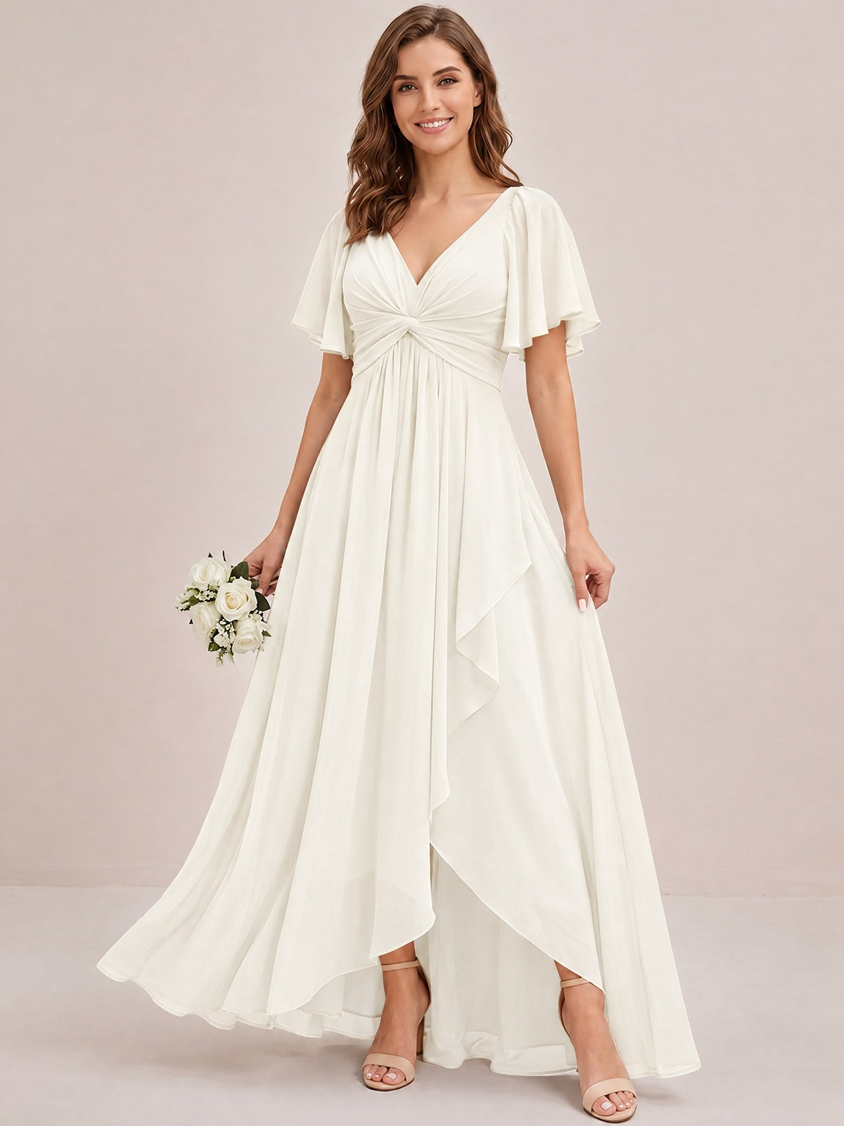 Dusty Blue Chiffon Bridesmaid Dress with Flutter Sleeves & High-Low Hem