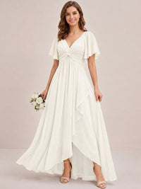 Dusty Blue Chiffon Bridesmaid Dress with Flutter Sleeves & High-Low Hem