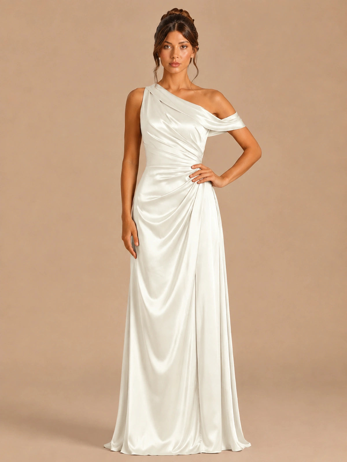 Ivory-satin one shoulder prom dress ruched long formal gow Jovelle
