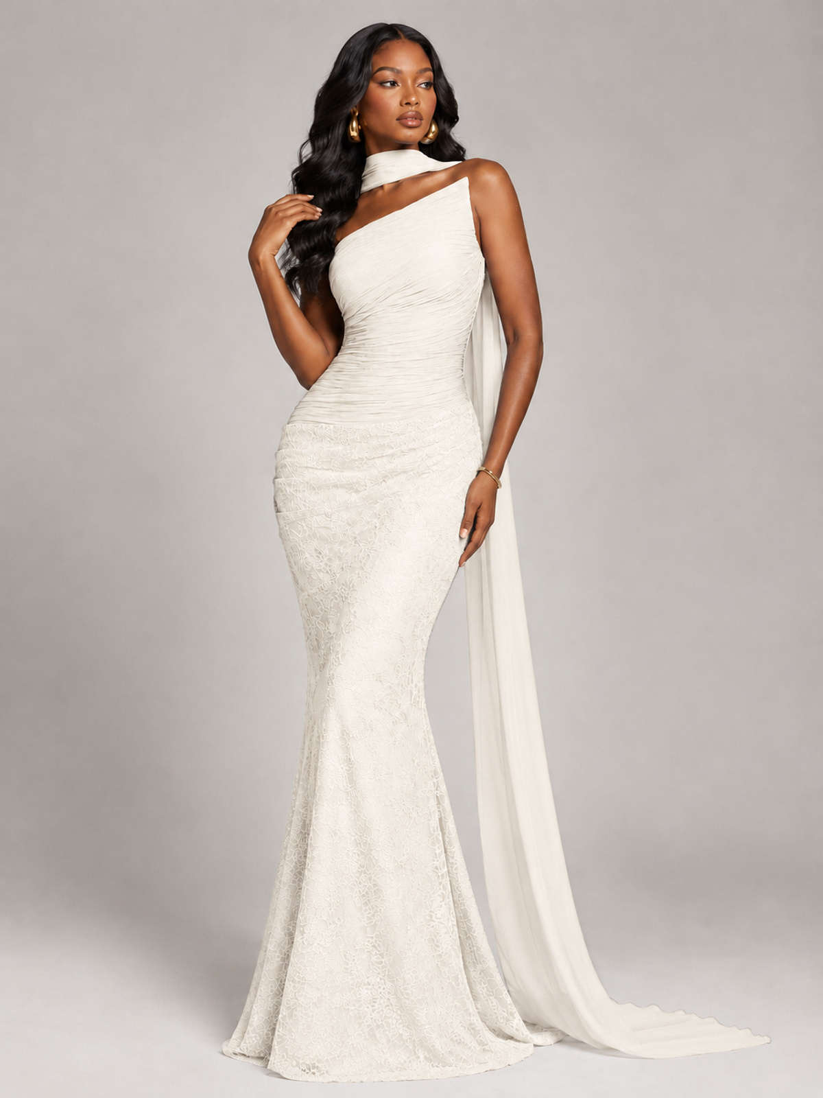 Pleated Chiffon Lace Prom Dresses Long Bodycon Mermaid with Scarf