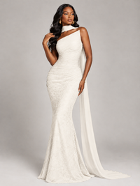 Pleated Chiffon Lace Prom Dresses Long Bodycon Mermaid with Scarf