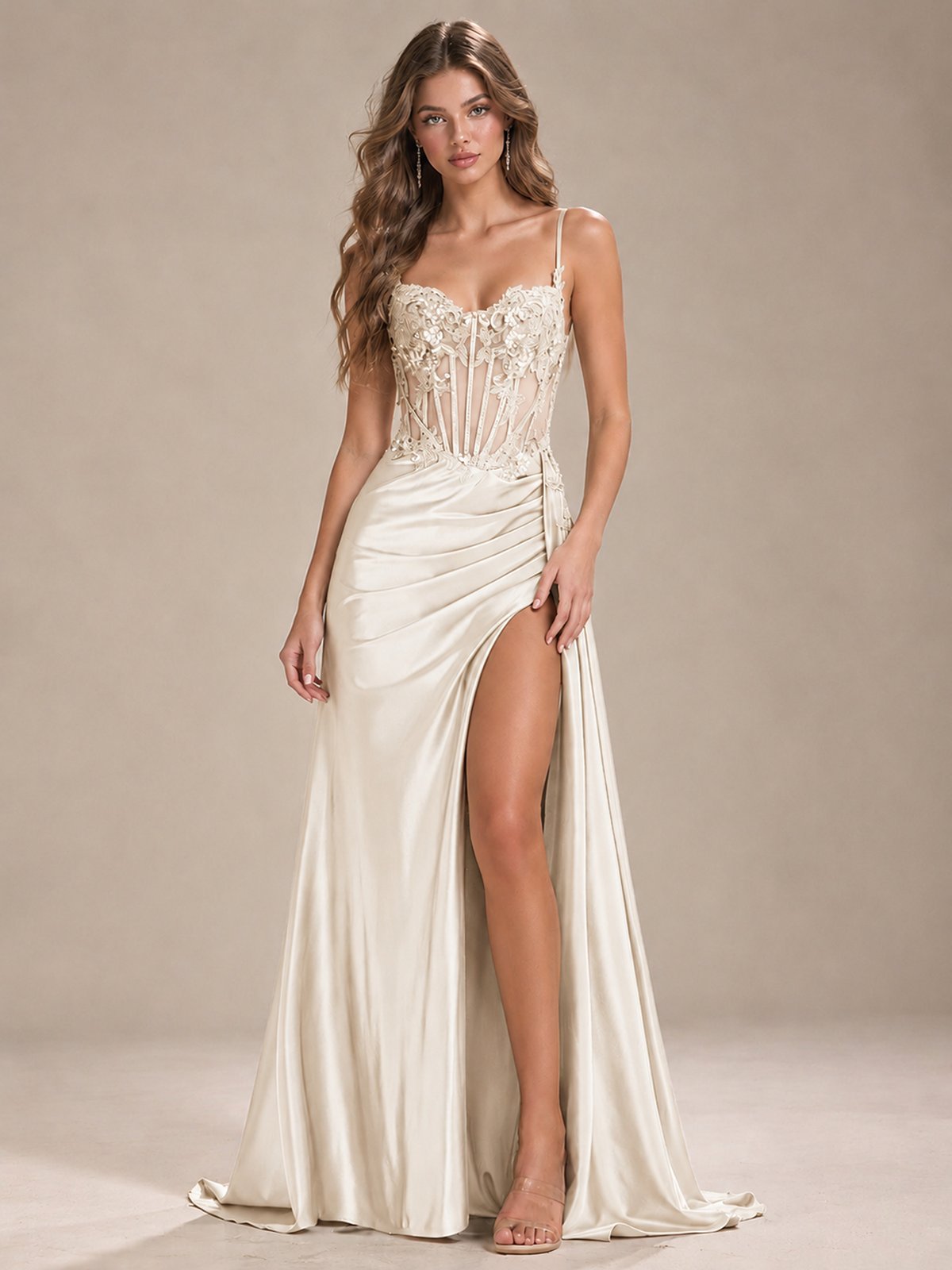 Mermaid Satin Prom Dress with Floral Appliqué Corset and High Slit