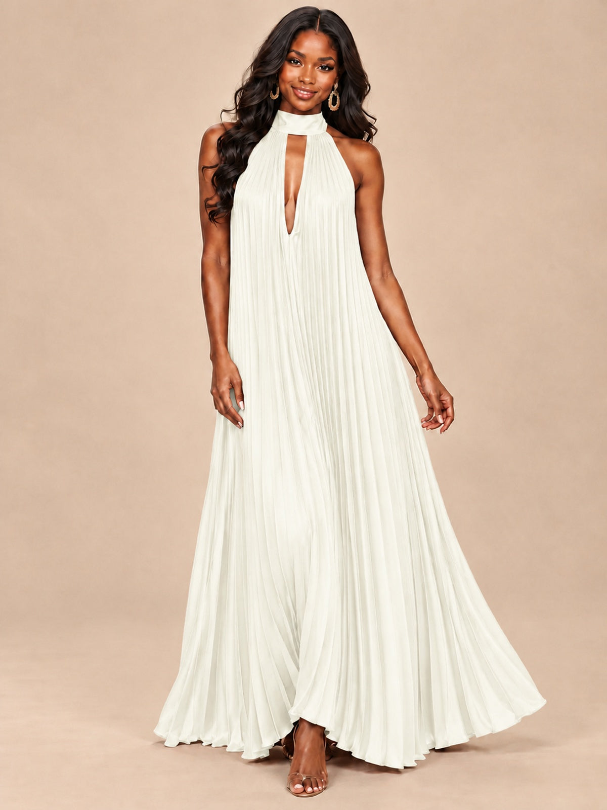 Rust Orange Pleated Halter Neck Maxi Dress