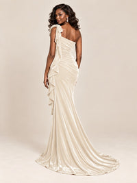 Black Velvet One-Shoulder Mermaid Evening Gown with Bow & Ruffles