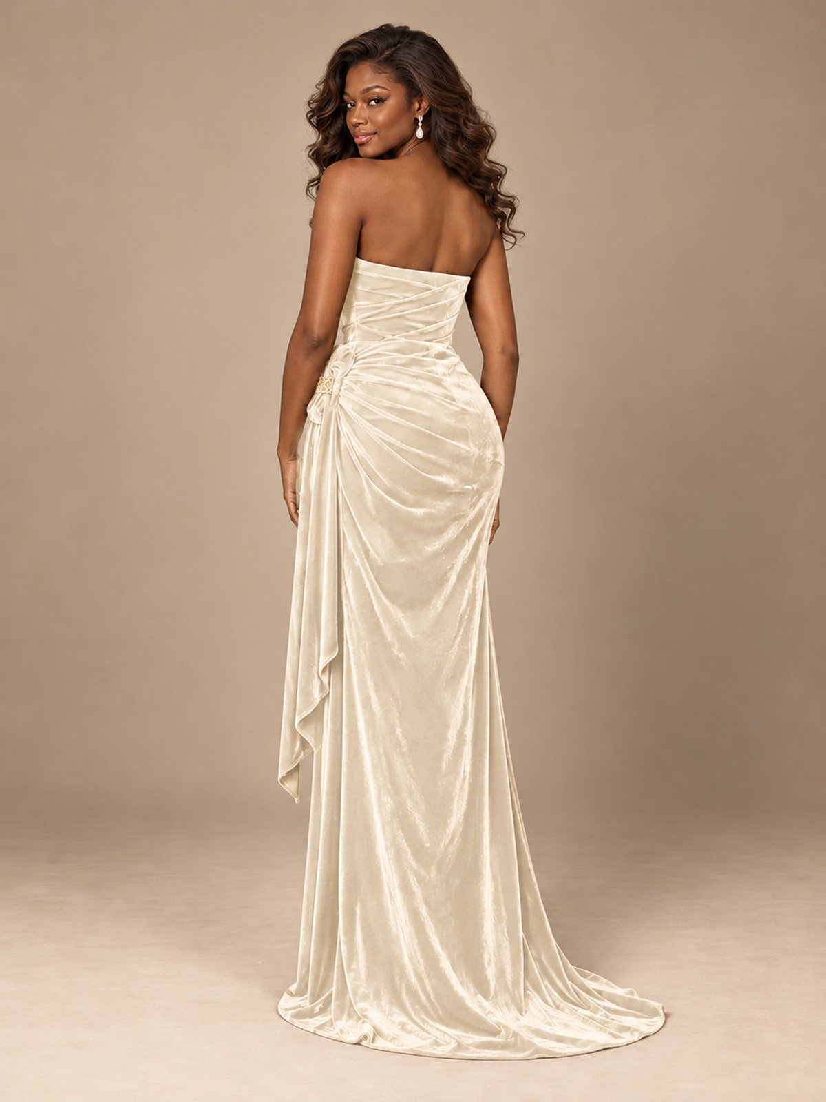 Burgundy Velvet Strapless Ruched Prom Dress with Jeweled Side Drape