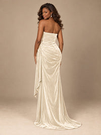 Burgundy Velvet Strapless Ruched Prom Dress with Jeweled Side Drape