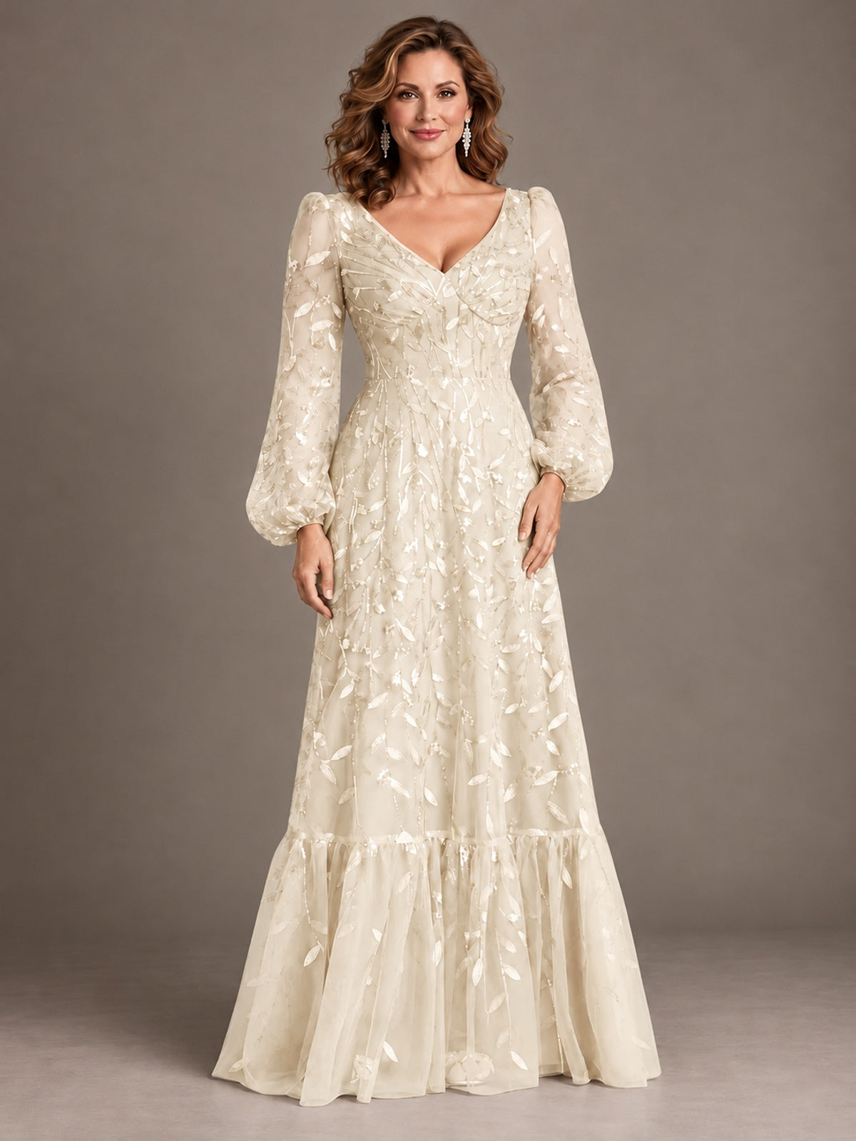 Floral Sequin Embroidered A-Line Mother of the Bride Dress with Long Sleeves