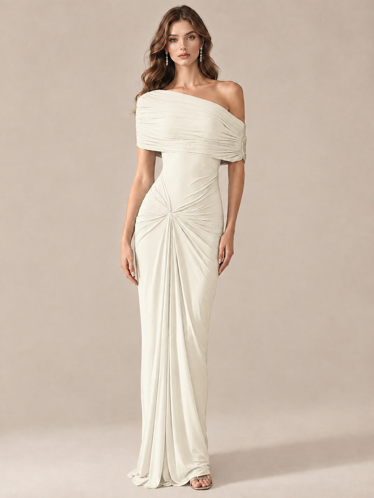 Elegant Draped Off Shoulder Ruched Mermaid Chiffon Formal Evening Gown