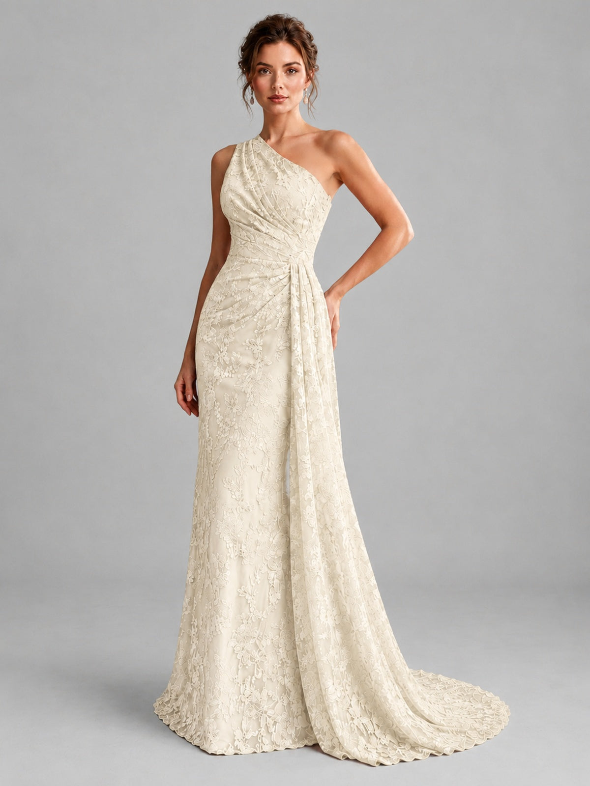 One-Shoulder Ruched Floral Lace Floor-Length Prom Dress