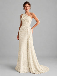 One-Shoulder Ruched Floral Lace Floor-Length Prom Dress