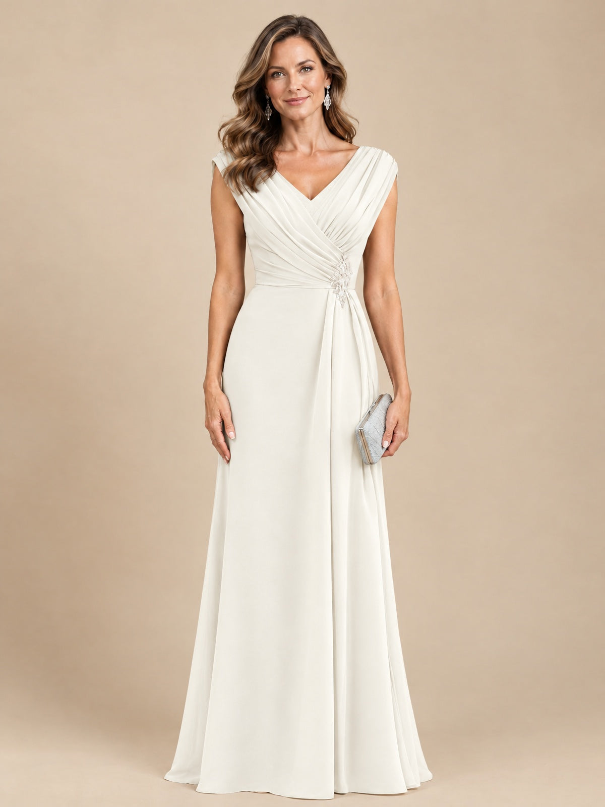 V Neck Pleated Mother of The Bride Dresses with Beading Cap Sleeves