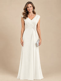 V Neck Pleated Mother of The Bride Dresses with Beading Cap Sleeves