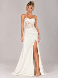 Strapless Satin Prom Dress with Sheer Lace Corset & High Slit