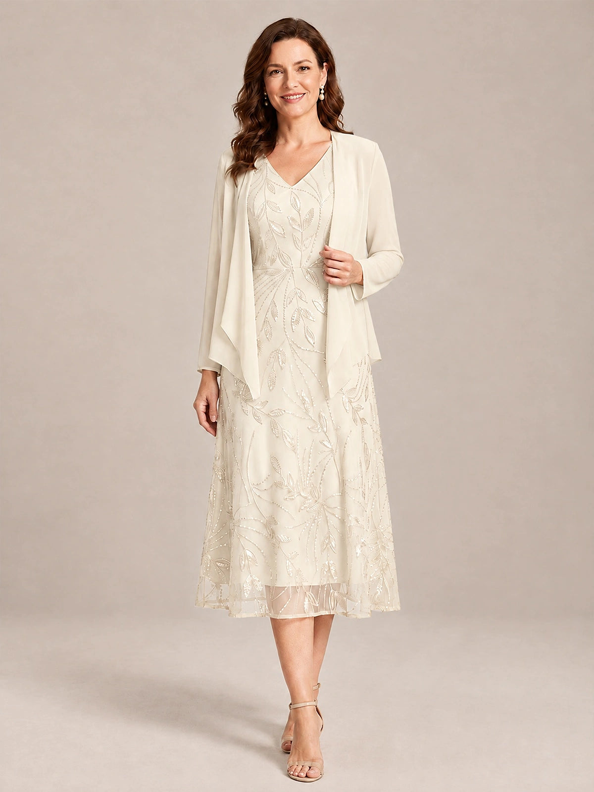 Ivory-2 Piece Lace Appliques Chiffon Mother of The Bride Dress with Sequin