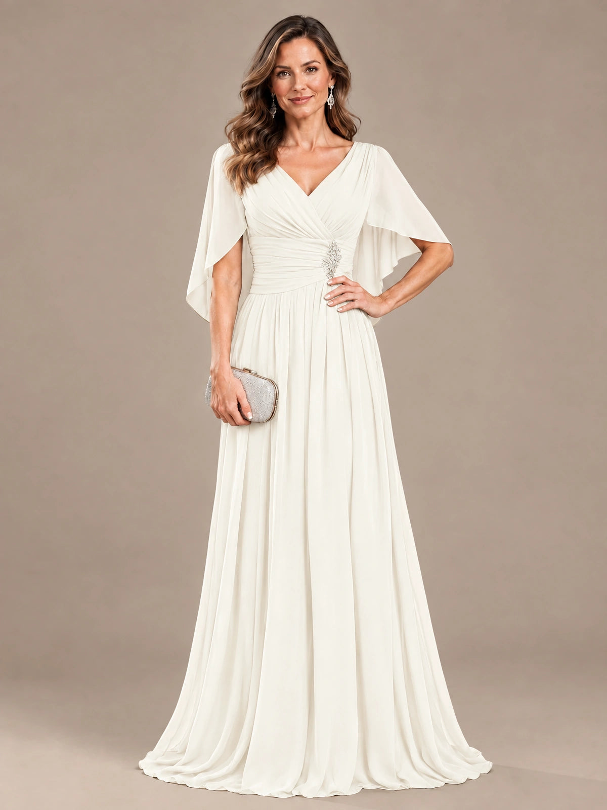Ruched V Neck Mother of The Bride Dresses with Shawls Appliques and Cap Sleeves