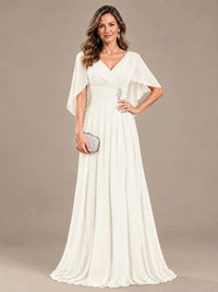 Ruched V Neck Mother of The Bride Dresses with Shawls Appliques and Cap Sleeves