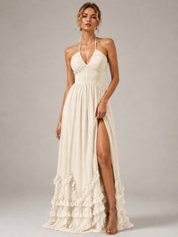 Halter V Neck Chiffon Formal Dress with Lace-Up Back and Ruffle Hem