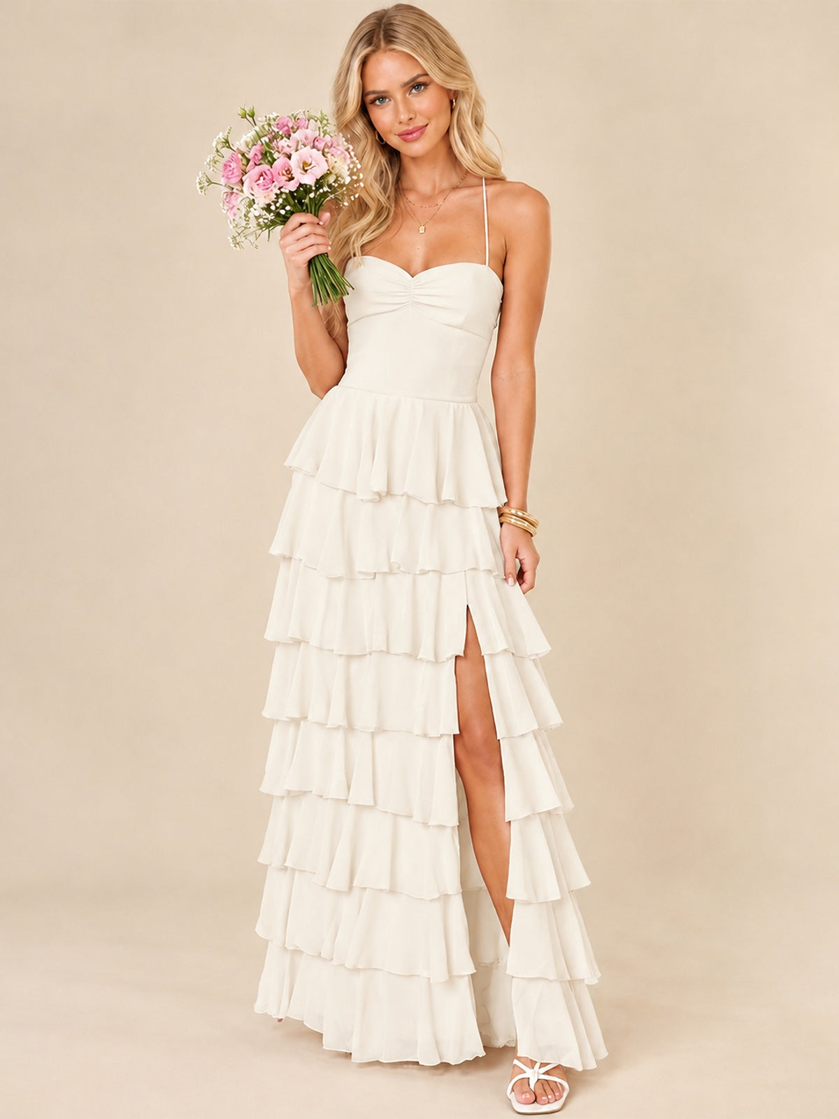 Ruffled Tiered Chiffon Prom Dress Spaghetti Straps Formal Maxi Dress with Slit