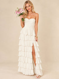 Ruffled Tiered Chiffon Prom Dress Spaghetti Straps Formal Maxi Dress with Slit
