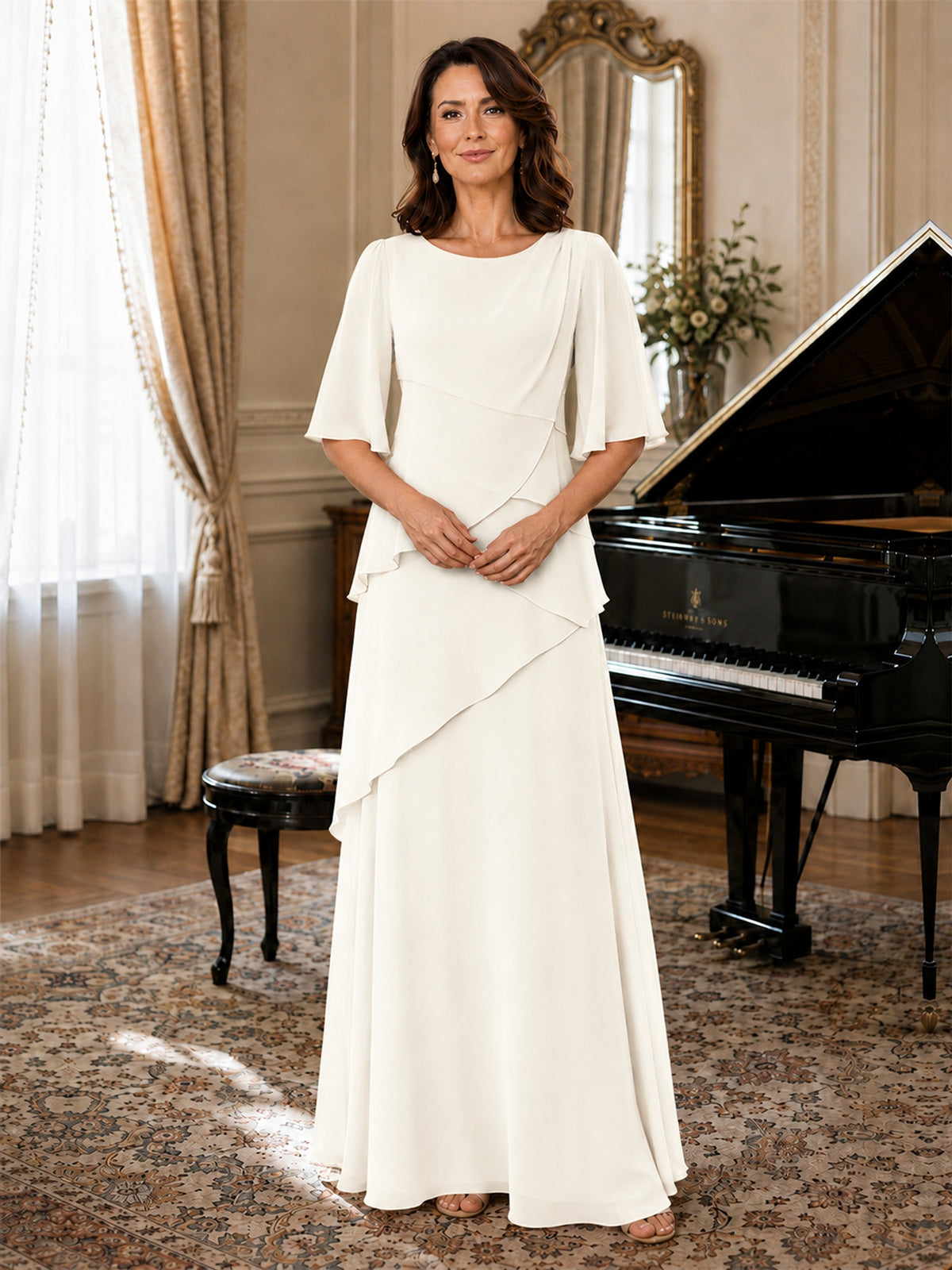Asymmetric Draped Chiffon Mother of the Bride Dress with Flutter Sleeves