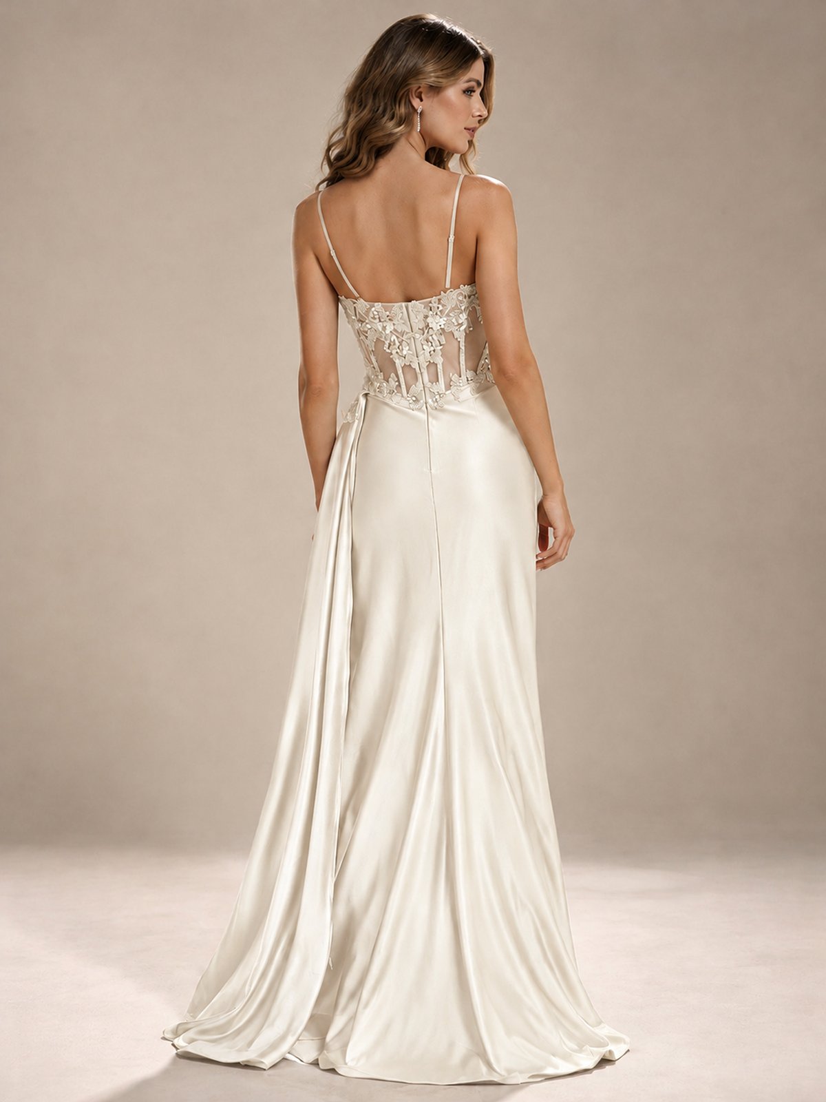 Mermaid Satin Prom Dress with Floral Appliqué Corset and High Slit