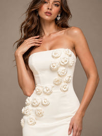 White Strapless Mermaid Maxi Dress with 3D Floral Appliques