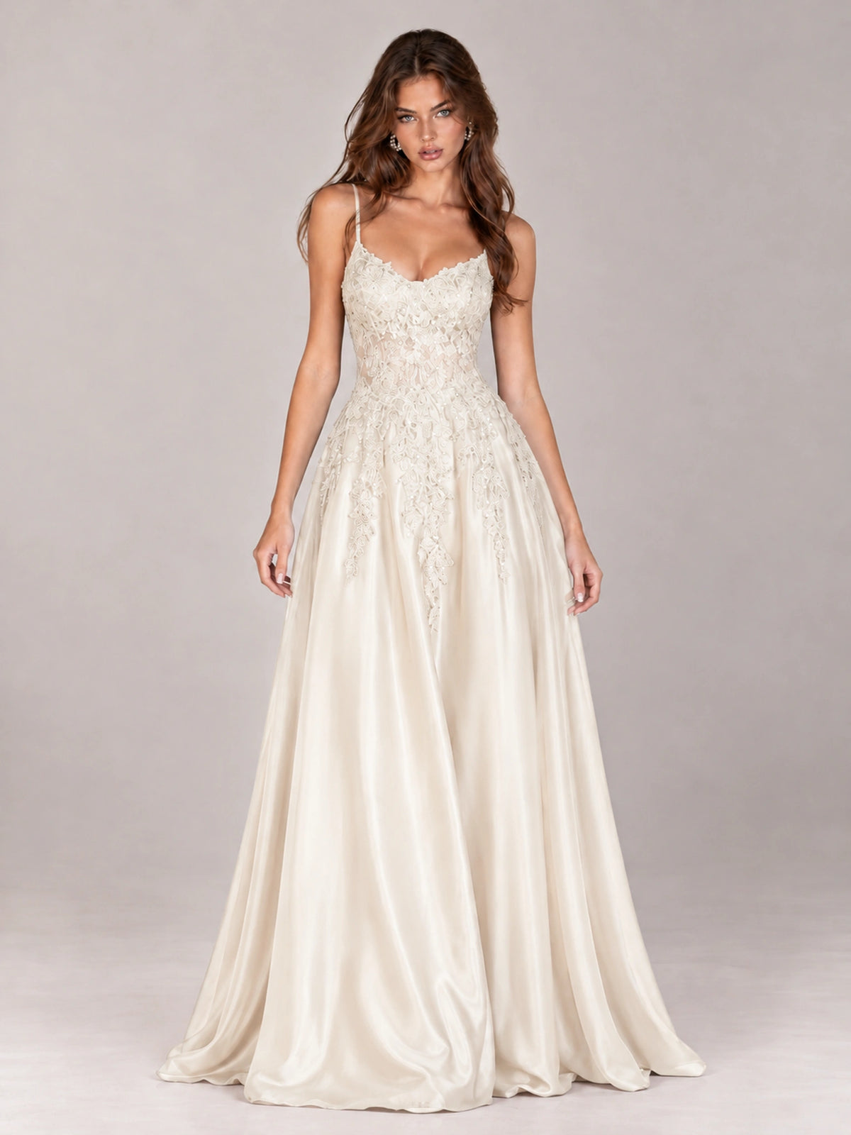 Lace Applique Satin A-Line Prom Dress with Sheer Bodice