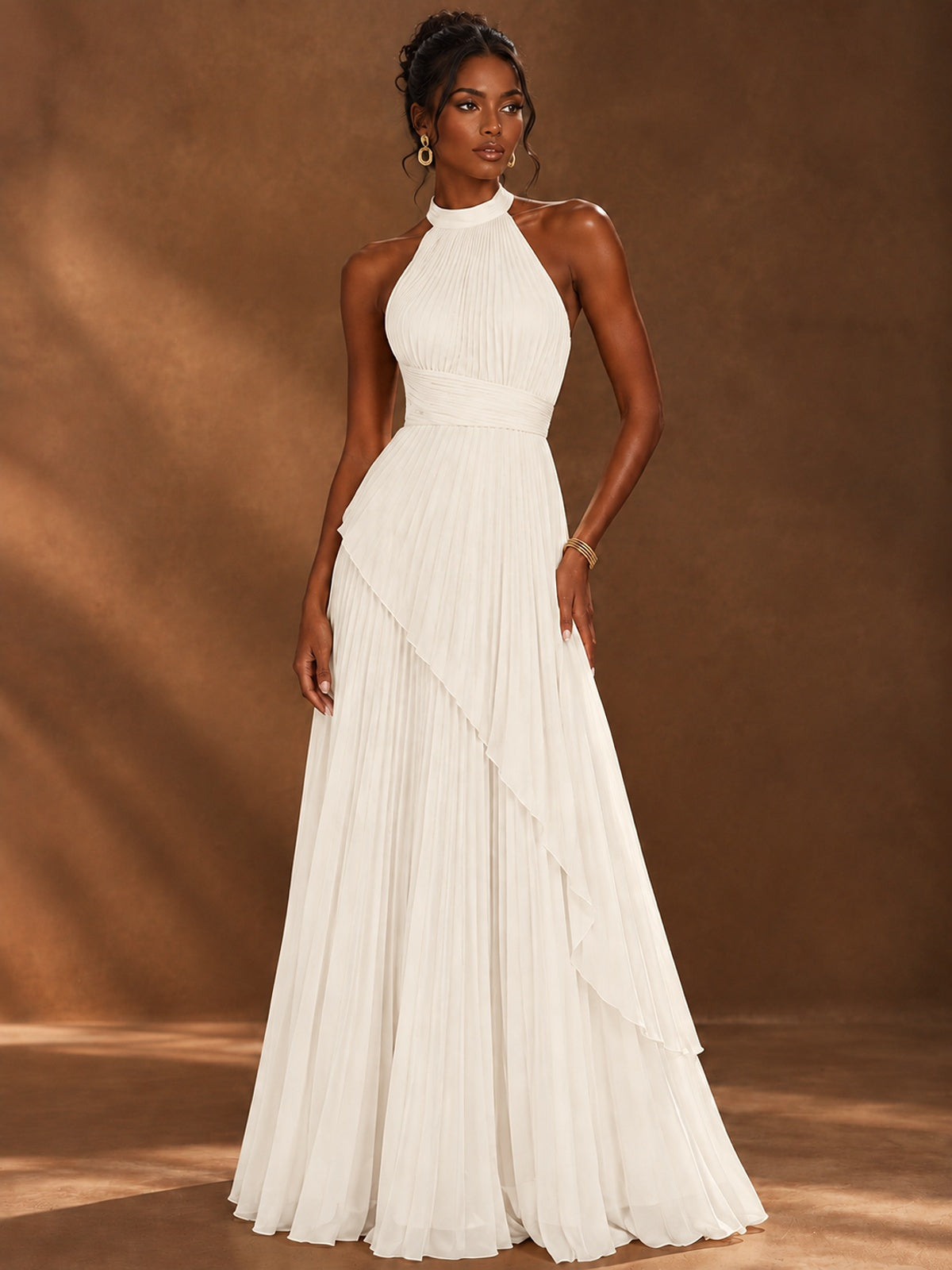 Wrap Pleated Prom Dress Halter A-line Chiffon Formal Wedding Dress