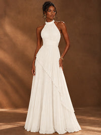 Wrap Pleated Prom Dress Halter A-line Chiffon Formal Wedding Dress