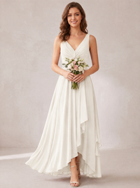 V-Neck High-Low Chiffon Bridesmaid Dress with Ruffles