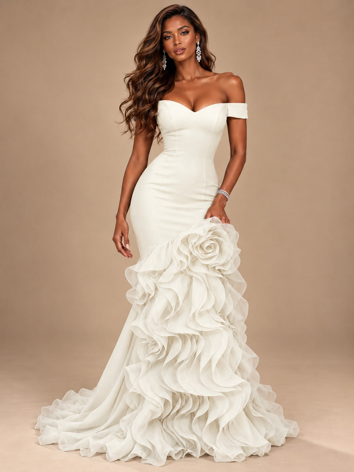 Dusty Blue Off-the-Shoulder Mermaid Prom Dress with 3D Rose & Ruffles