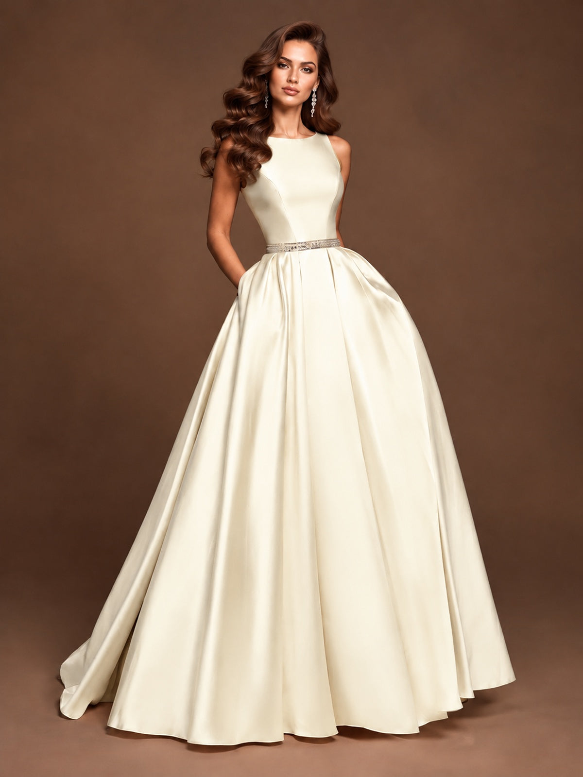 Satin A-Line Prom Dress Sleeveless Beaded Waist Formal Gown with Pockets
