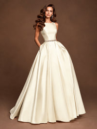 Satin A-Line Prom Dress Sleeveless Beaded Waist Formal Gown with Pockets