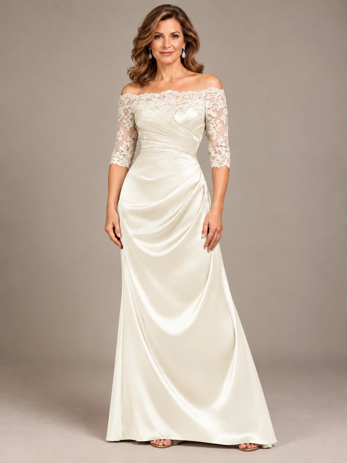 Satin Mother of the Bride Dress with Lace Sleeves Off Shoulder Formal Gown